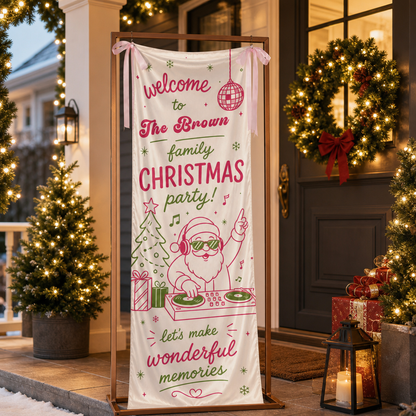 Pink Disco DJ Santa Christmas Family Fabric Welcome Banner, Personalized Name Entrance Hanging Sign with Ribbon Ties, Groovy Xmas Party Decor