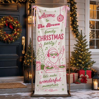 Pink Disco DJ Santa Christmas Family Fabric Welcome Banner, Personalized Name Entrance Hanging Sign with Ribbon Ties, Groovy Xmas Party Decor