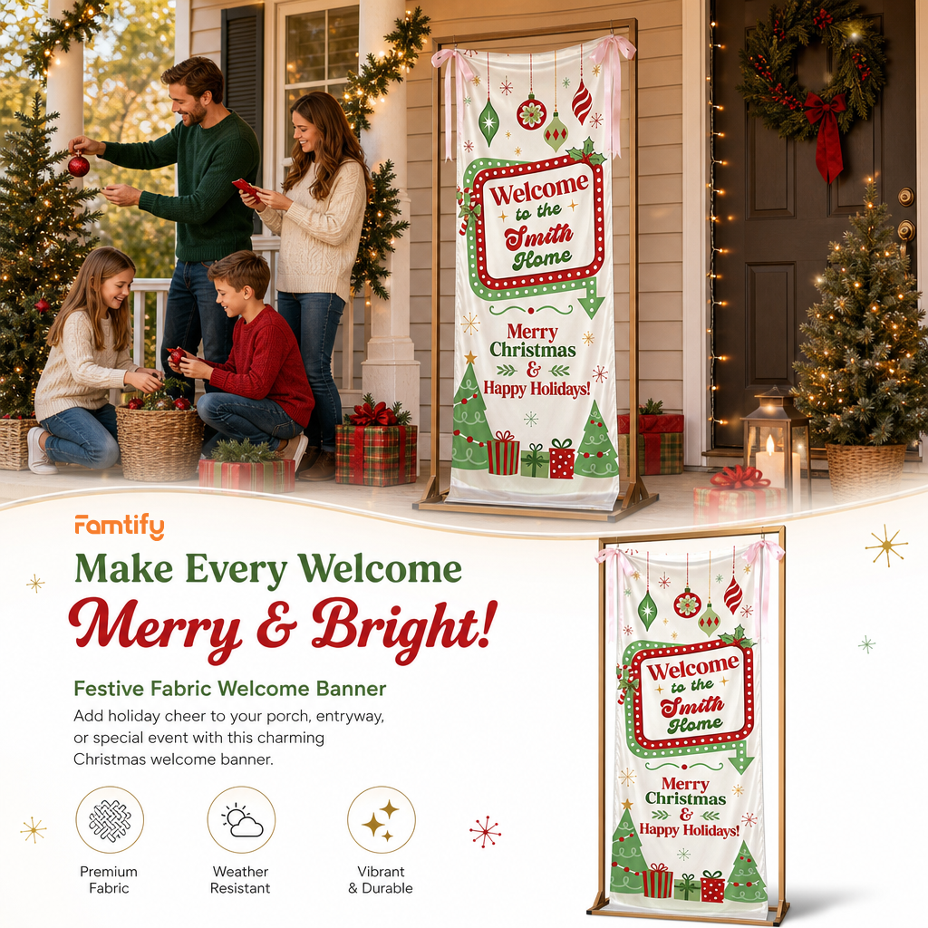 Retro Vintage Marquee Light Christmas Family Fabric Welcome Banner, Personalized Family Name Home Entrance Hanging Sign with Ribbon Ties, Classic Mid-Century Xmas Party Decor