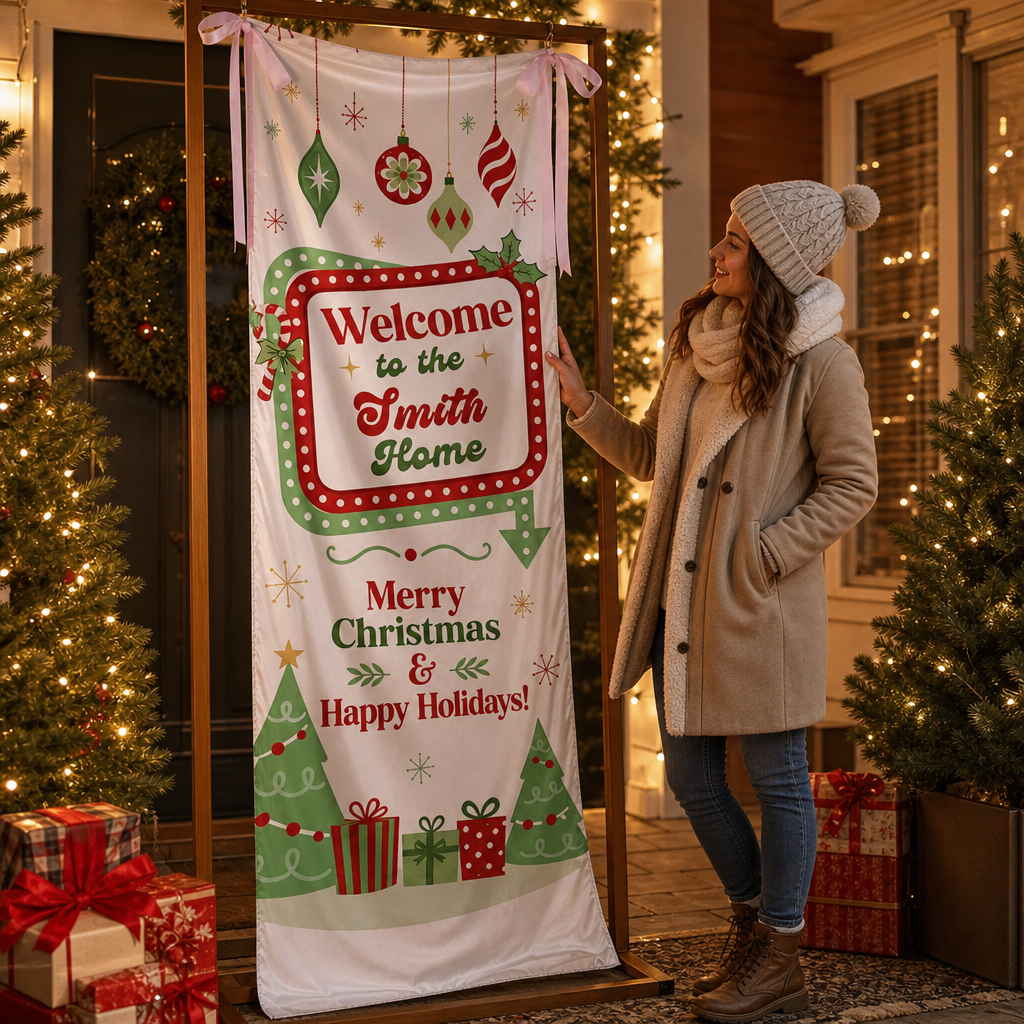 Retro Vintage Marquee Light Christmas Family Fabric Welcome Banner, Personalized Family Name Home Entrance Hanging Sign with Ribbon Ties, Classic Mid-Century Xmas Party Decor