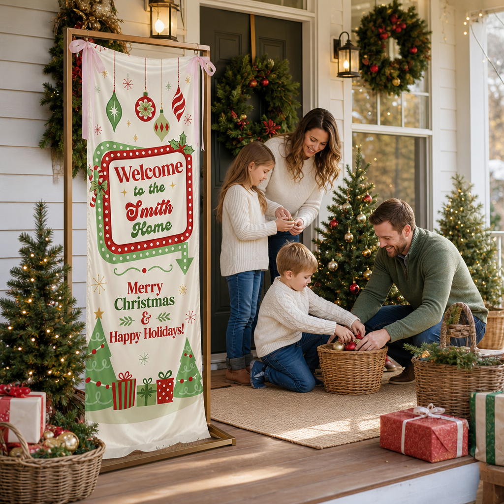 Retro Vintage Marquee Light Christmas Family Fabric Welcome Banner, Personalized Family Name Home Entrance Hanging Sign with Ribbon Ties, Classic Mid-Century Xmas Party Decor