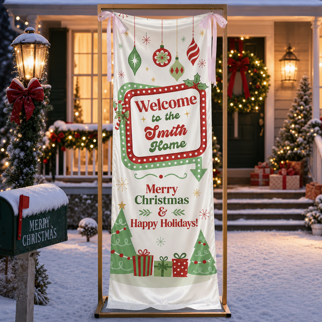 Retro Vintage Marquee Light Christmas Family Fabric Welcome Banner, Personalized Family Name Home Entrance Hanging Sign with Ribbon Ties, Classic Mid-Century Xmas Party Decor