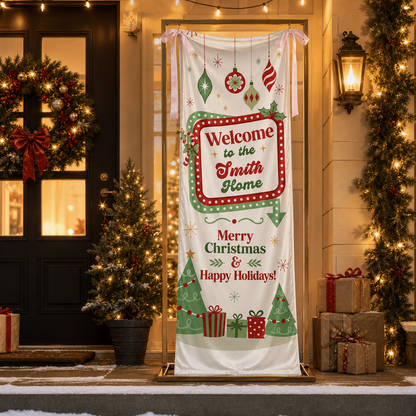 Retro Vintage Marquee Light Christmas Family Fabric Welcome Banner, Personalized Family Name Home Entrance Hanging Sign with Ribbon Ties, Classic Mid-Century Xmas Party Decor