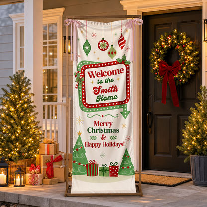 Retro Vintage Marquee Light Christmas Family Fabric Welcome Banner, Personalized Family Name Home Entrance Hanging Sign with Ribbon Ties, Classic Mid-Century Xmas Party Decor