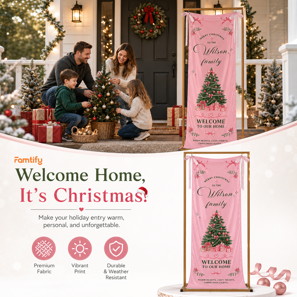 Coquette Pink Ribbon Bow Christmas Tree Family Fabric Welcome Banner, Personalized Family Name Home Entrance Hanging Sign with Ribbon Ties, Elegant Pastel Xmas Party Decor