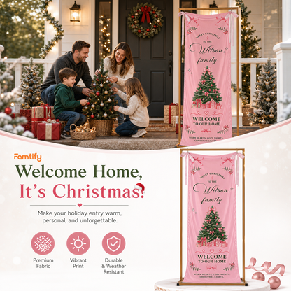 Coquette Pink Ribbon Bow Christmas Tree Family Fabric Welcome Banner, Personalized Family Name Home Entrance Hanging Sign with Ribbon Ties, Elegant Pastel Xmas Party Decor