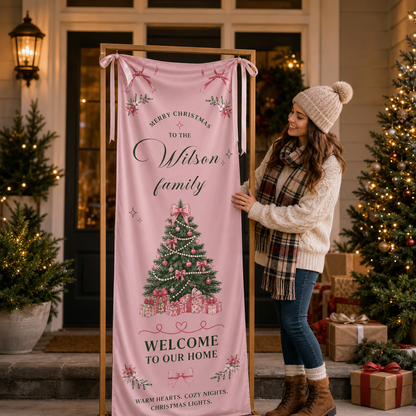 Coquette Pink Ribbon Bow Christmas Tree Family Fabric Welcome Banner, Personalized Family Name Home Entrance Hanging Sign with Ribbon Ties, Elegant Pastel Xmas Party Decor