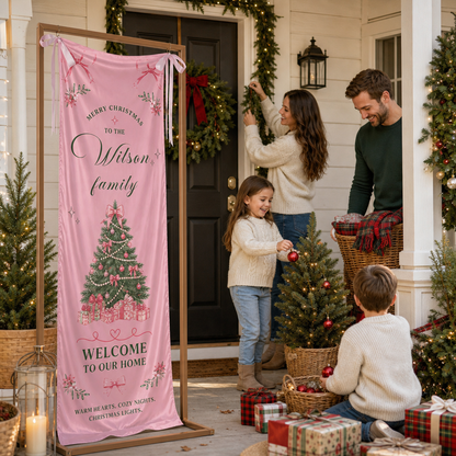 Coquette Pink Ribbon Bow Christmas Tree Family Fabric Welcome Banner, Personalized Family Name Home Entrance Hanging Sign with Ribbon Ties, Elegant Pastel Xmas Party Decor