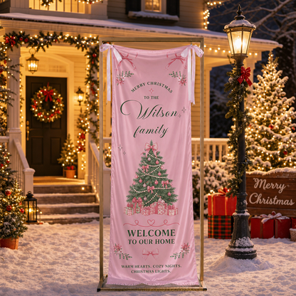 Coquette Pink Ribbon Bow Christmas Tree Family Fabric Welcome Banner, Personalized Family Name Home Entrance Hanging Sign with Ribbon Ties, Elegant Pastel Xmas Party Decor