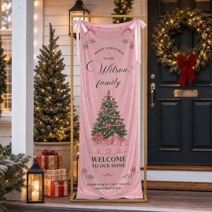 Coquette Pink Ribbon Bow Christmas Tree Family Fabric Welcome Banner, Personalized Family Name Home Entrance Hanging Sign with Ribbon Ties, Elegant Pastel Xmas Party Decor