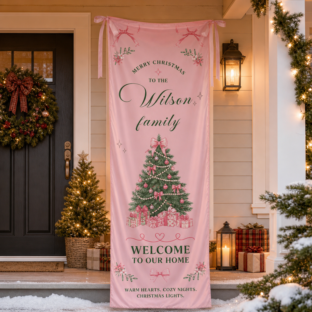 Coquette Pink Ribbon Bow Christmas Tree Family Fabric Welcome Banner, Personalized Family Name Home Entrance Hanging Sign with Ribbon Ties, Elegant Pastel Xmas Party Decor