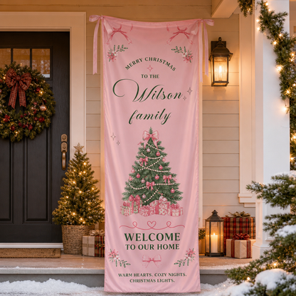 Coquette Pink Ribbon Bow Christmas Tree Family Fabric Welcome Banner, Personalized Family Name Home Entrance Hanging Sign with Ribbon Ties, Elegant Pastel Xmas Party Decor