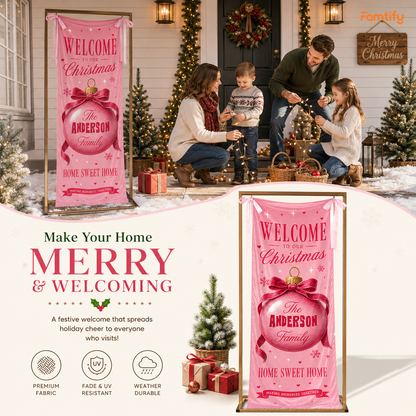 Pink Coquette Christmas Bauble Family Fabric Welcome Banner, Personalized Family Name Entrance Hanging Sign with Ribbon Ties, Elegant Pink Xmas Party Decor