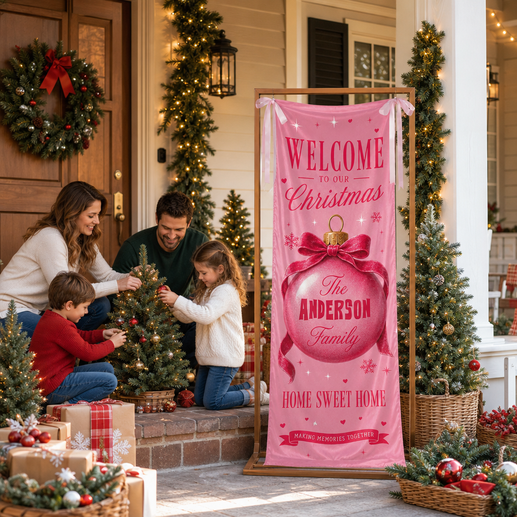 Pink Coquette Christmas Bauble Family Fabric Welcome Banner, Personalized Family Name Entrance Hanging Sign with Ribbon Ties, Elegant Pink Xmas Party Decor