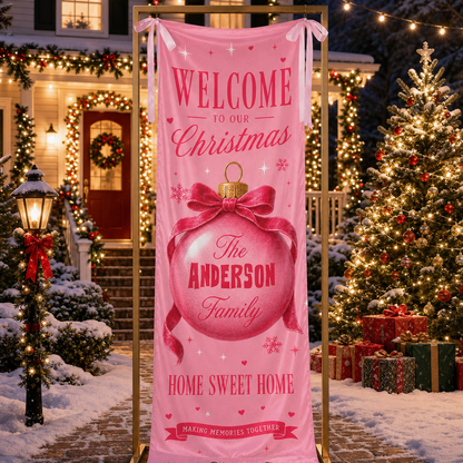 Pink Coquette Christmas Bauble Family Fabric Welcome Banner, Personalized Family Name Entrance Hanging Sign with Ribbon Ties, Elegant Pink Xmas Party Decor