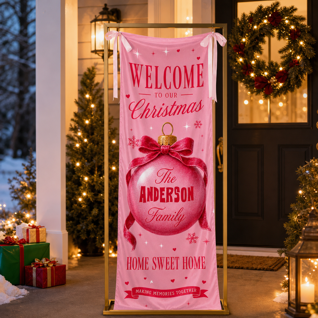 Pink Coquette Christmas Bauble Family Fabric Welcome Banner, Personalized Family Name Entrance Hanging Sign with Ribbon Ties, Elegant Pink Xmas Party Decor