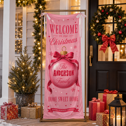 Pink Coquette Christmas Bauble Family Fabric Welcome Banner, Personalized Family Name Entrance Hanging Sign with Ribbon Ties, Elegant Pink Xmas Party Decor