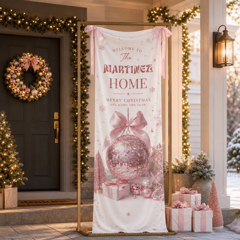 Pink Disco Ball Coquette Bow Christmas Family Fabric Welcome Banner, Personalized Family Name Entrance Hanging Sign with Ribbon Ties, Glam Pastel Xmas Party Decor