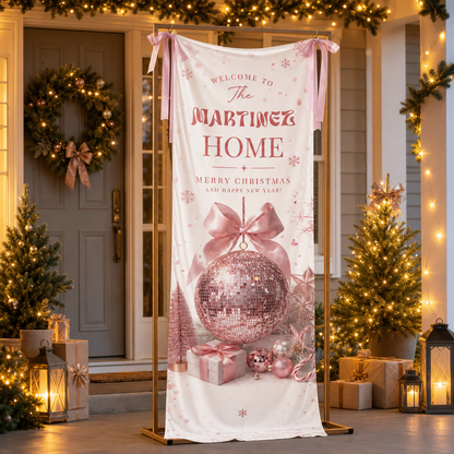 Pink Disco Ball Coquette Bow Christmas Family Fabric Welcome Banner, Personalized Family Name Entrance Hanging Sign with Ribbon Ties, Glam Pastel Xmas Party Decor