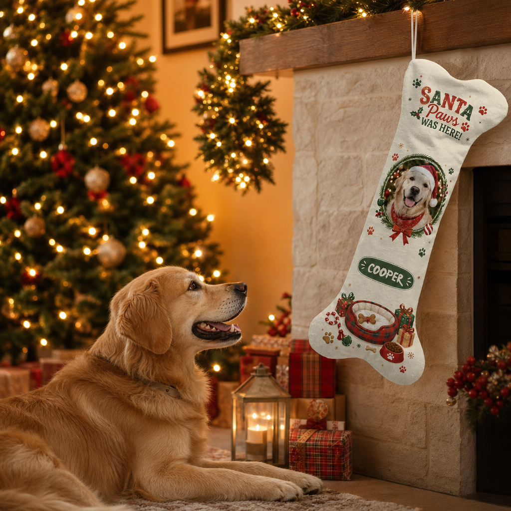 Golden retriever looking up at its custom photo bone stocking hanging on a stone fireplace