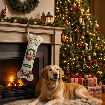 Personalized dog photo bone stocking on a fireplace mantel with a golden retriever beside a lit Christmas tree