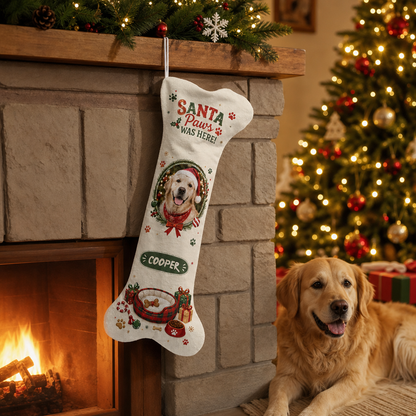 Custom pet name bone stocking hanging on a mantel above a fireplace with a golden retriever resting below