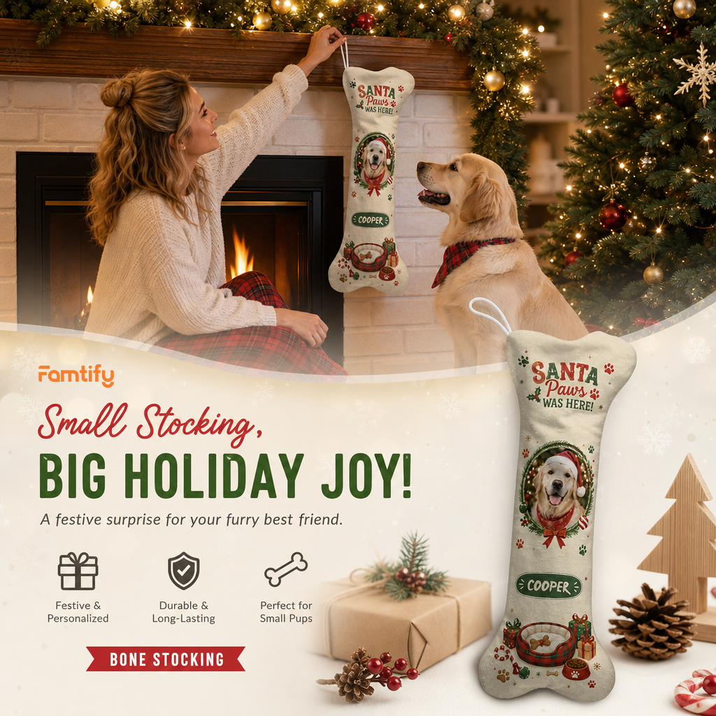 Personalized bone Christmas stocking for small dogs shown on a mantel and close up with festive gifts