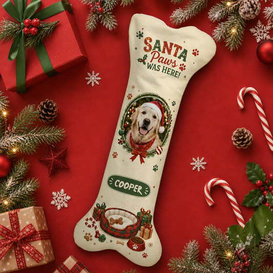 Dog bone Christmas stocking with a golden retriever photo in a Santa hat and the name Cooper on a red background