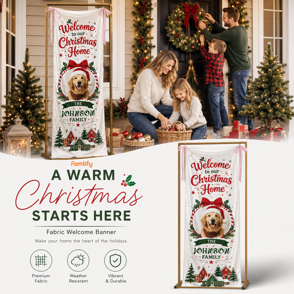 Custom Dog Photo Golden Retriever Christmas Family Fabric Welcome Banner, Personalized Pet Name Home Entrance Hanging Sign with Ribbon Ties, Classic Winter Village Xmas Decor