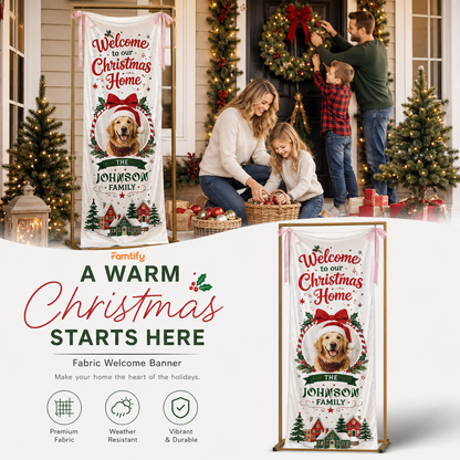 Custom Dog Photo Golden Retriever Christmas Family Fabric Welcome Banner, Personalized Pet Name Home Entrance Hanging Sign with Ribbon Ties, Classic Winter Village Xmas Decor