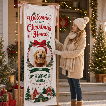 Custom Dog Photo Golden Retriever Christmas Family Fabric Welcome Banner, Personalized Pet Name Home Entrance Hanging Sign with Ribbon Ties, Classic Winter Village Xmas Decor