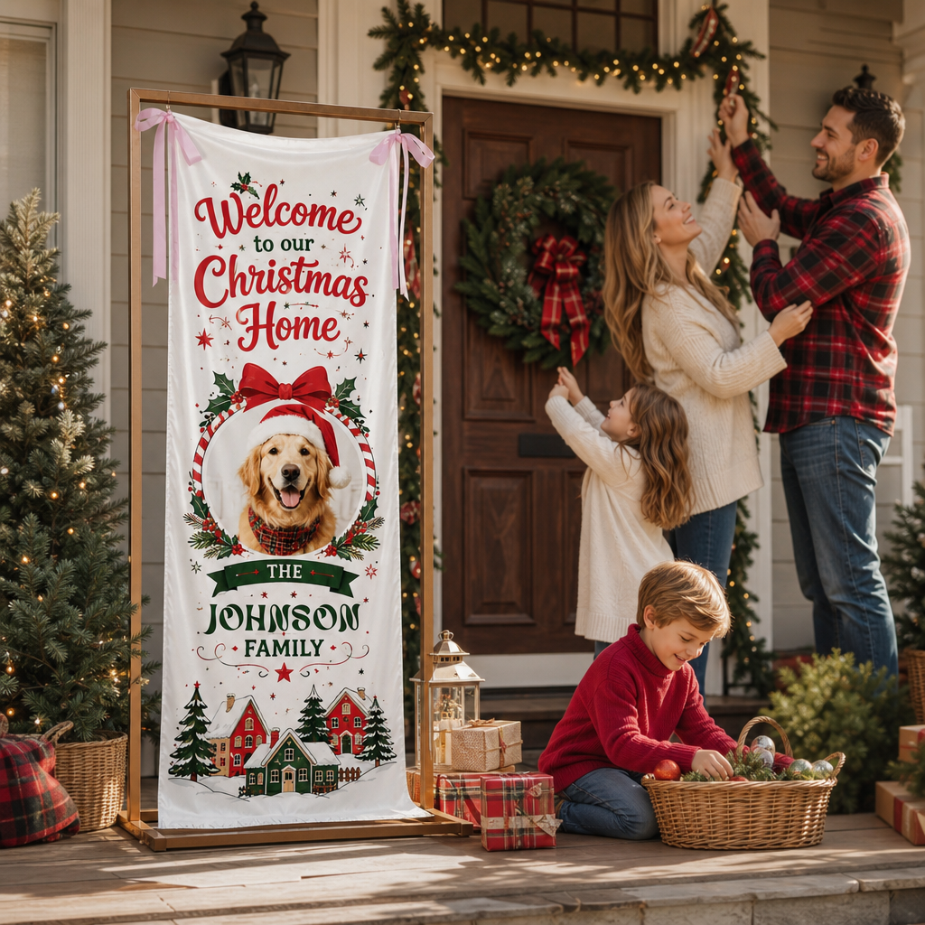 Custom Dog Photo Golden Retriever Christmas Family Fabric Welcome Banner, Personalized Pet Name Home Entrance Hanging Sign with Ribbon Ties, Classic Winter Village Xmas Decor