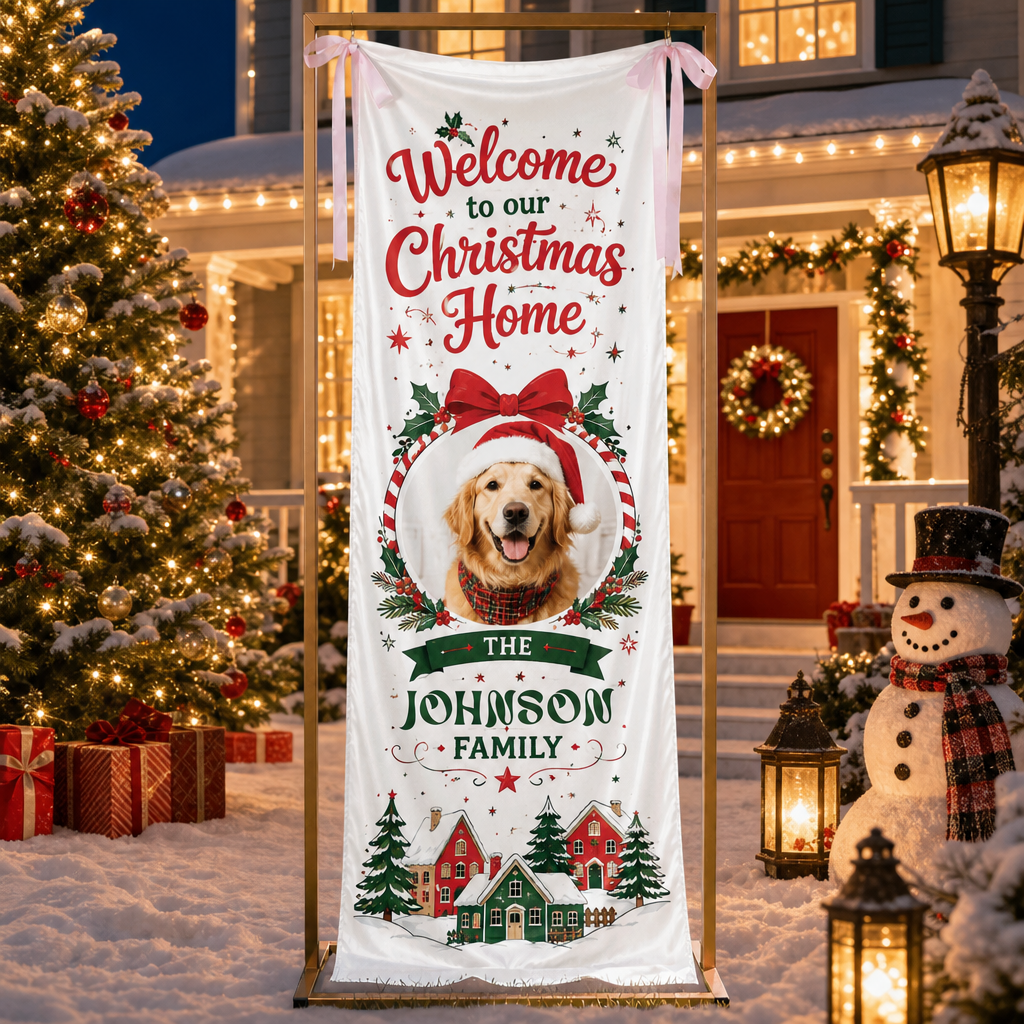 Custom Dog Photo Golden Retriever Christmas Family Fabric Welcome Banner, Personalized Pet Name Home Entrance Hanging Sign with Ribbon Ties, Classic Winter Village Xmas Decor