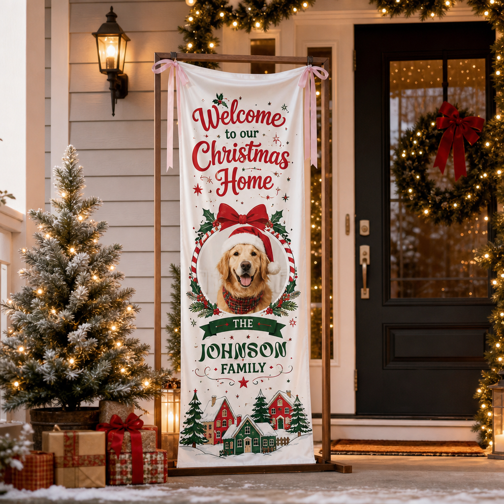 Custom Dog Photo Golden Retriever Christmas Family Fabric Welcome Banner, Personalized Pet Name Home Entrance Hanging Sign with Ribbon Ties, Classic Winter Village Xmas Decor