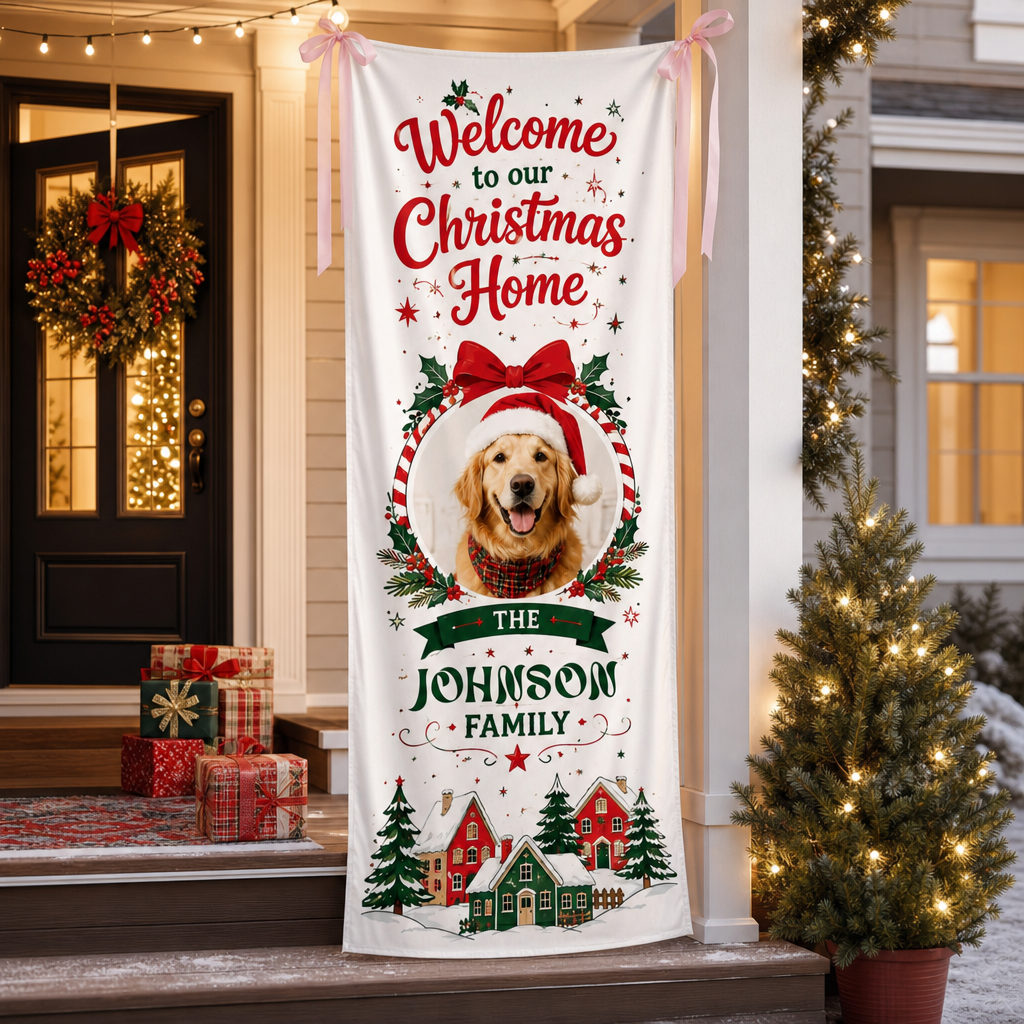 Custom Dog Photo Golden Retriever Christmas Family Fabric Welcome Banner, Personalized Pet Name Home Entrance Hanging Sign with Ribbon Ties, Classic Winter Village Xmas Decor