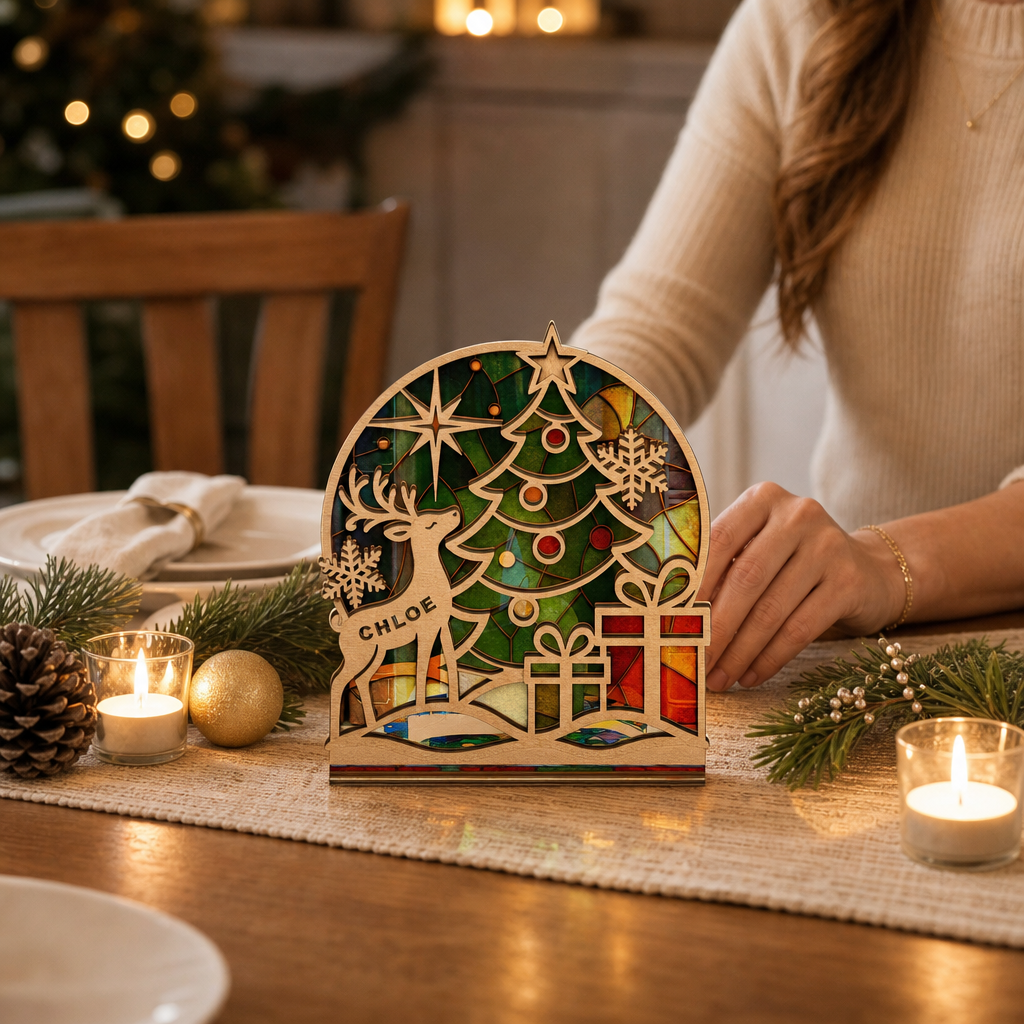 Personalized Christmas Reindeer & Tree Suncatcher Candle Holder, view 3