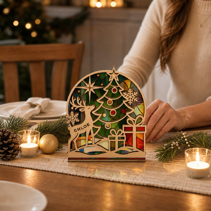 Personalized Christmas Reindeer & Tree Suncatcher Candle Holder, view 3