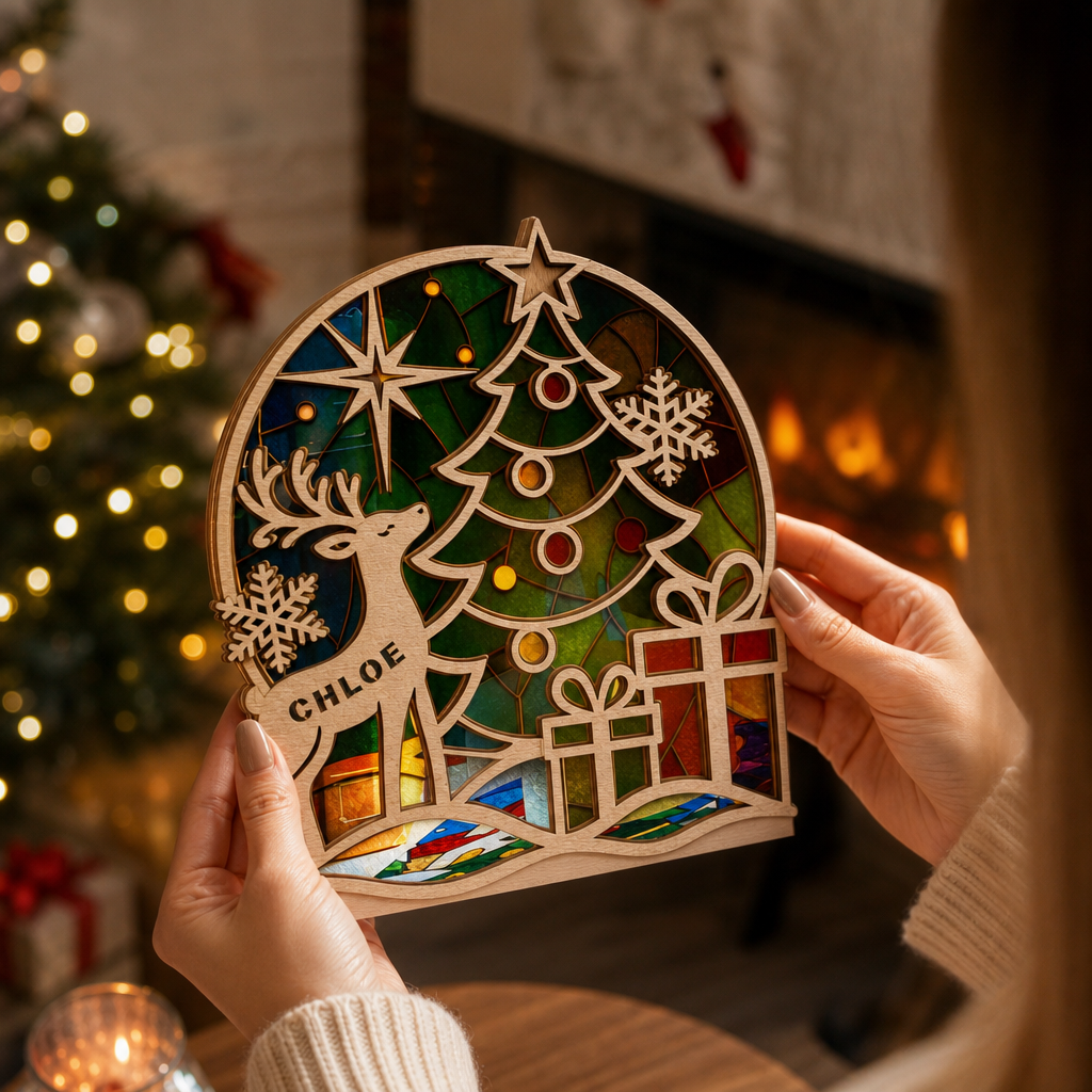 Personalized Christmas Reindeer & Tree Suncatcher Candle Holder, view 4