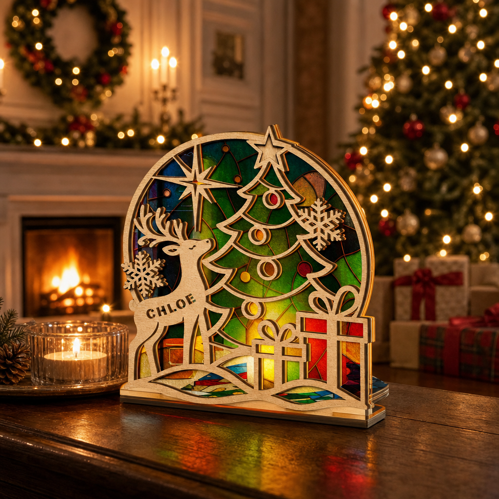 Personalized Christmas Reindeer & Tree Suncatcher Candle Holder, view 5