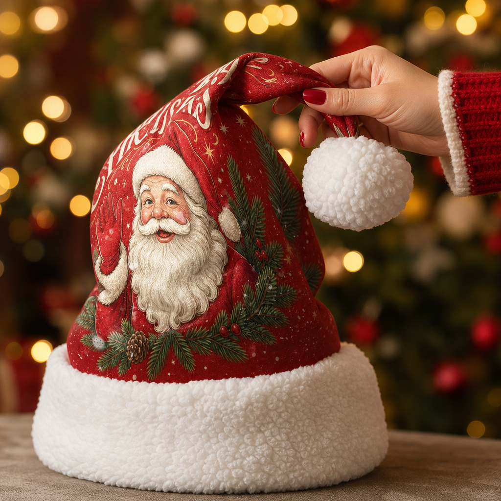 Personalized Vintage Santa Claus Christmas Hat - Custom Name Plush Sherpa Trim Holiday Party Cap for Kids & Adults