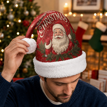Personalized Vintage Santa Claus Christmas Hat - Custom Name Plush Sherpa Trim Holiday Party Cap for Kids & Adults