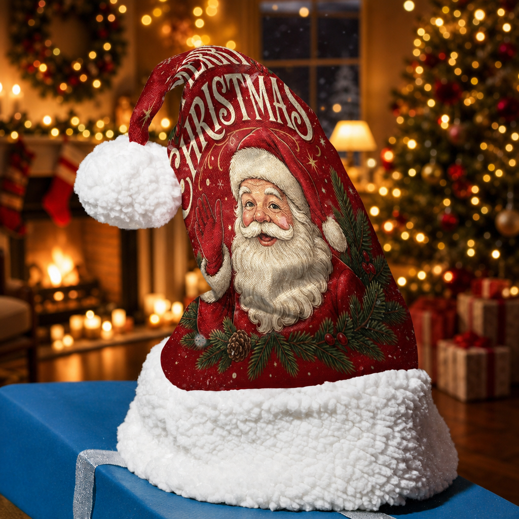 Personalized Vintage Santa Claus Christmas Hat - Custom Name Plush Sherpa Trim Holiday Party Cap for Kids & Adults