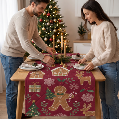Personalized Merry and Bright Gingerbread Christmas Table Runner, Custom Family Name Red Holiday Reindeer and Treats Table Runner & Dining Decor