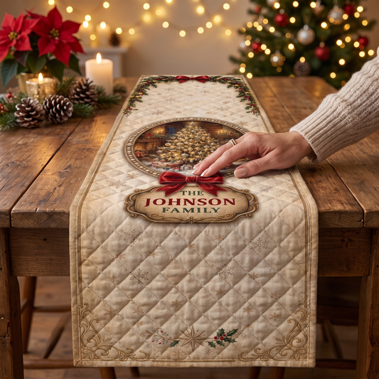 Hand smoothing a diamond quilted cream runner with vintage lit tree medallion and family name plaque
