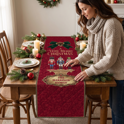 Personalized Vintage Nutcracker Christmas Table Runner, Custom Family Name Red Holiday Toy Soldier Green Bow Table Runner & Dining Decor