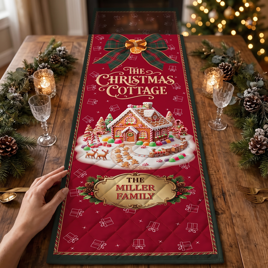 Hand on a red quilted runner reading The Christmas Cottage with a gingerbread house, tartan bow and gold custom family name plaque