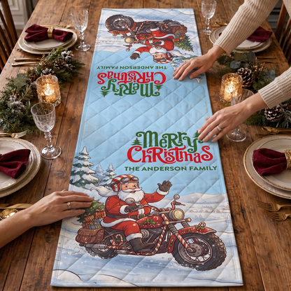 Personalized Motorcycle Biker Santa Christmas Table Runner, Custom Family Name Light Blue Snowy Winter Biker Santa Holiday Table Runner & Dining Decor