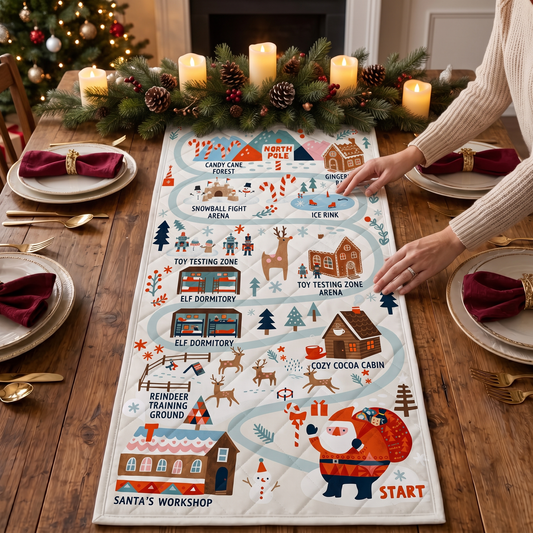 Hands placing a cream Santa's Map quilt table runner with North Pole, elf dormitory, cocoa cabin and Santa at the start
