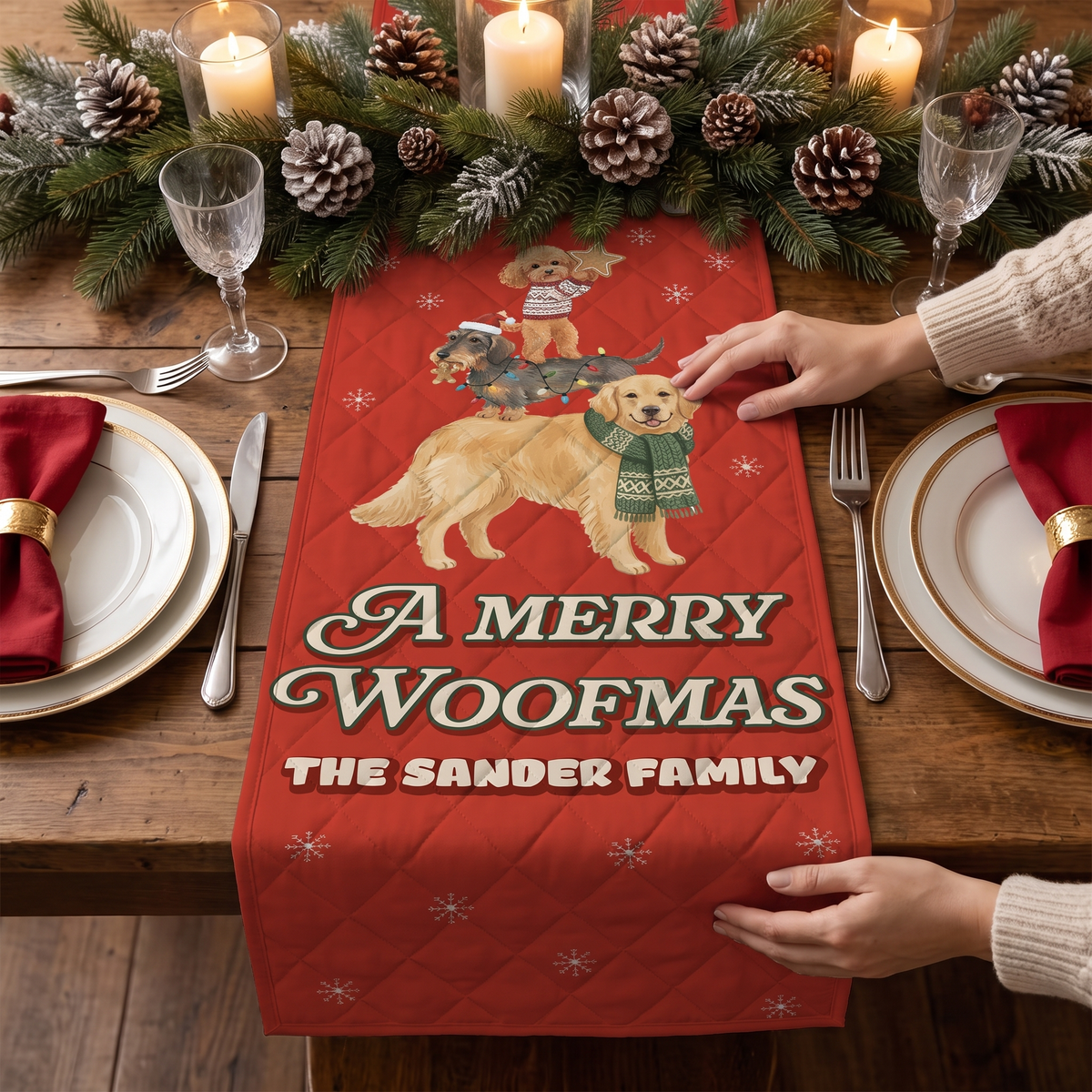 Personalized Family Name Stacked Dogs Merry Woofmas Quilt Table Runner, Custom Dog Lover Red Christmas Quilted Table Runner Decor, Cute Holiday Dining Room Table Topper