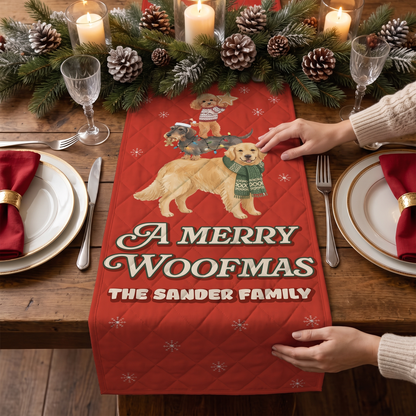 Personalized Family Name Stacked Dogs Merry Woofmas Quilt Table Runner, Custom Dog Lover Red Christmas Quilted Table Runner Decor, Cute Holiday Dining Room Table Topper